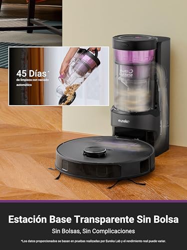 Eureka E20 Plus Robot Aspirador autovaciado, 8000 Pa, 180 Min Duración de Batería,para Alfombras y Pelo de Mascota, Negr