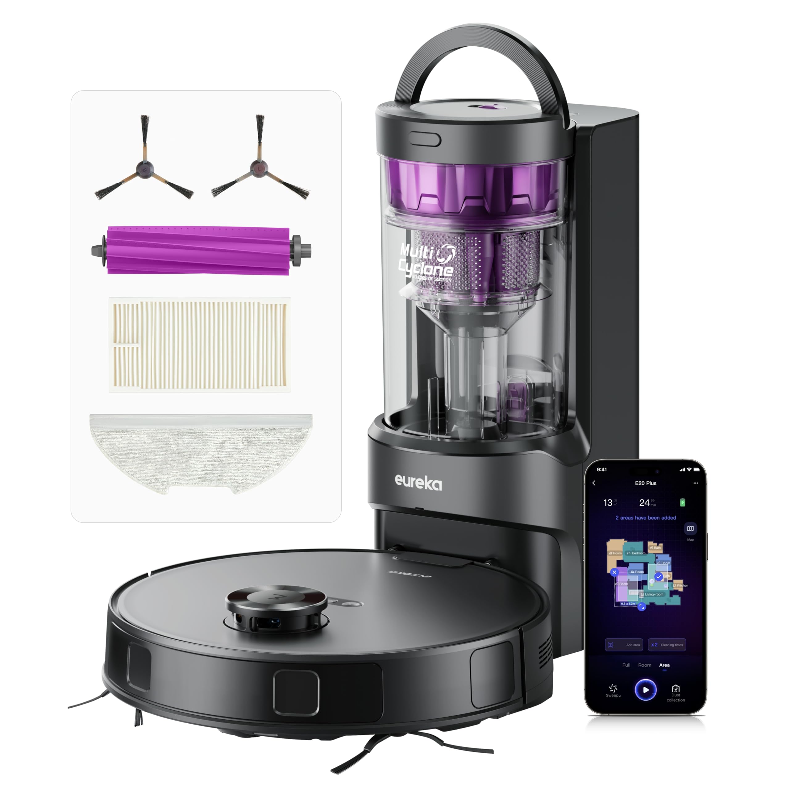 Eureka E20 Plus Robot Aspirador autovaciado, 8000 Pa, 180 Min Duración de Batería,para Alfombras y Pelo de Mascota, Negr